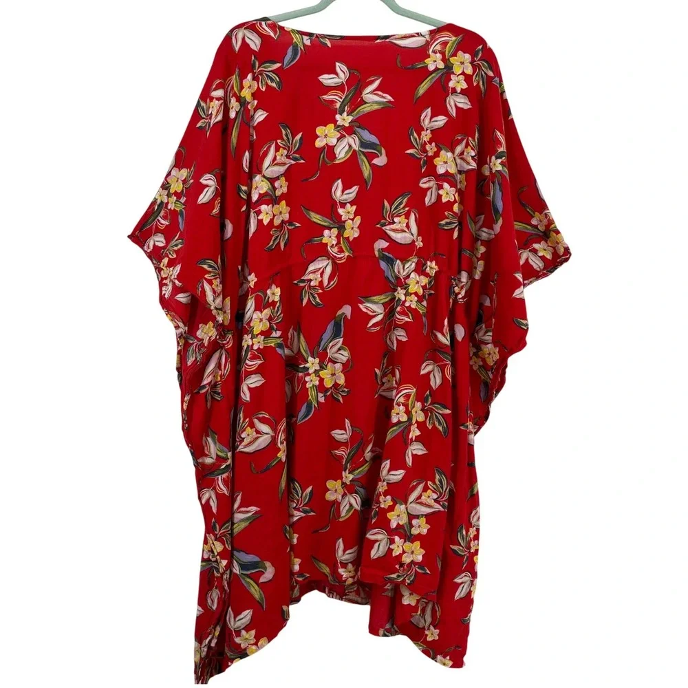 Womens One Size 2X - 3X Red Tropical Floral Kaftan Tunic Top Drawstring Waist OS